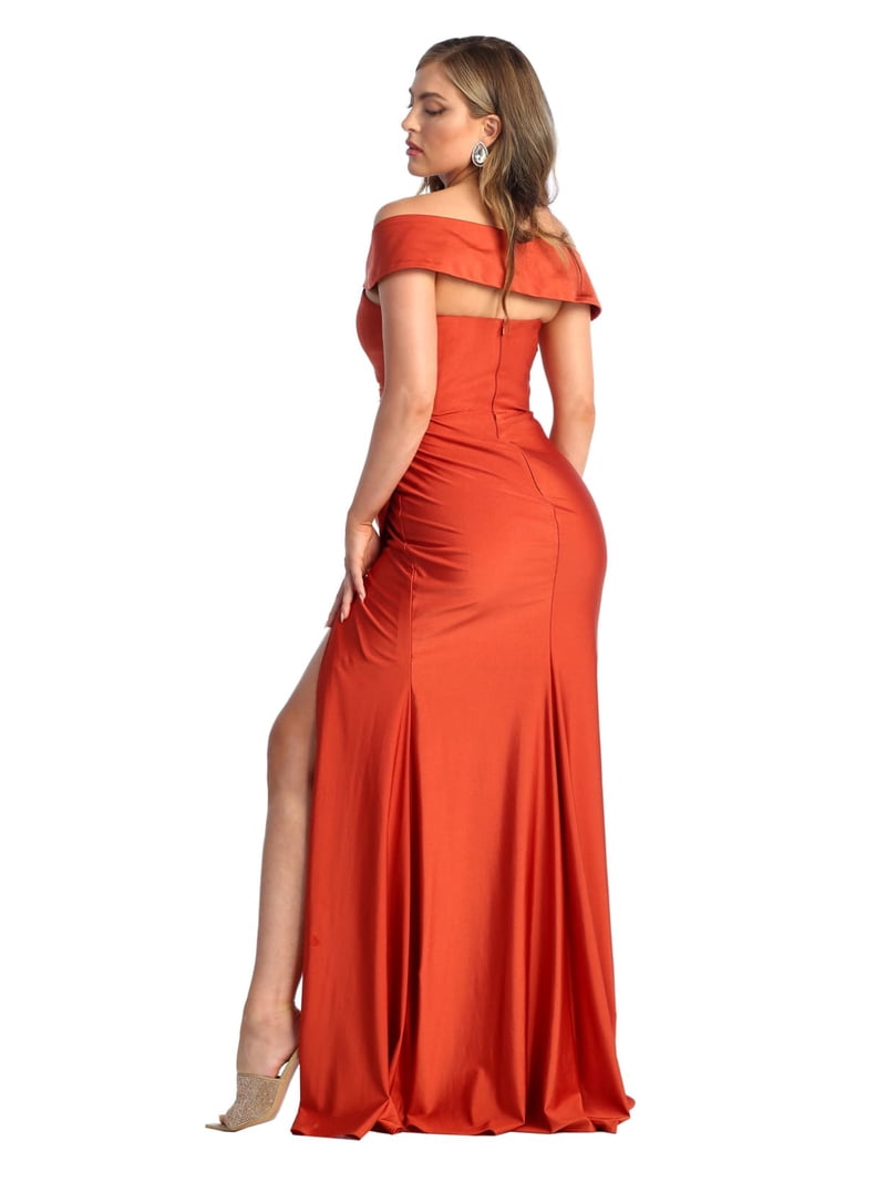 slim fit dress slacks Formal Dresses Rust Halter Straps V-Neck Lace Up Back Stretch Satin Formal  Dress With Slit main image 0