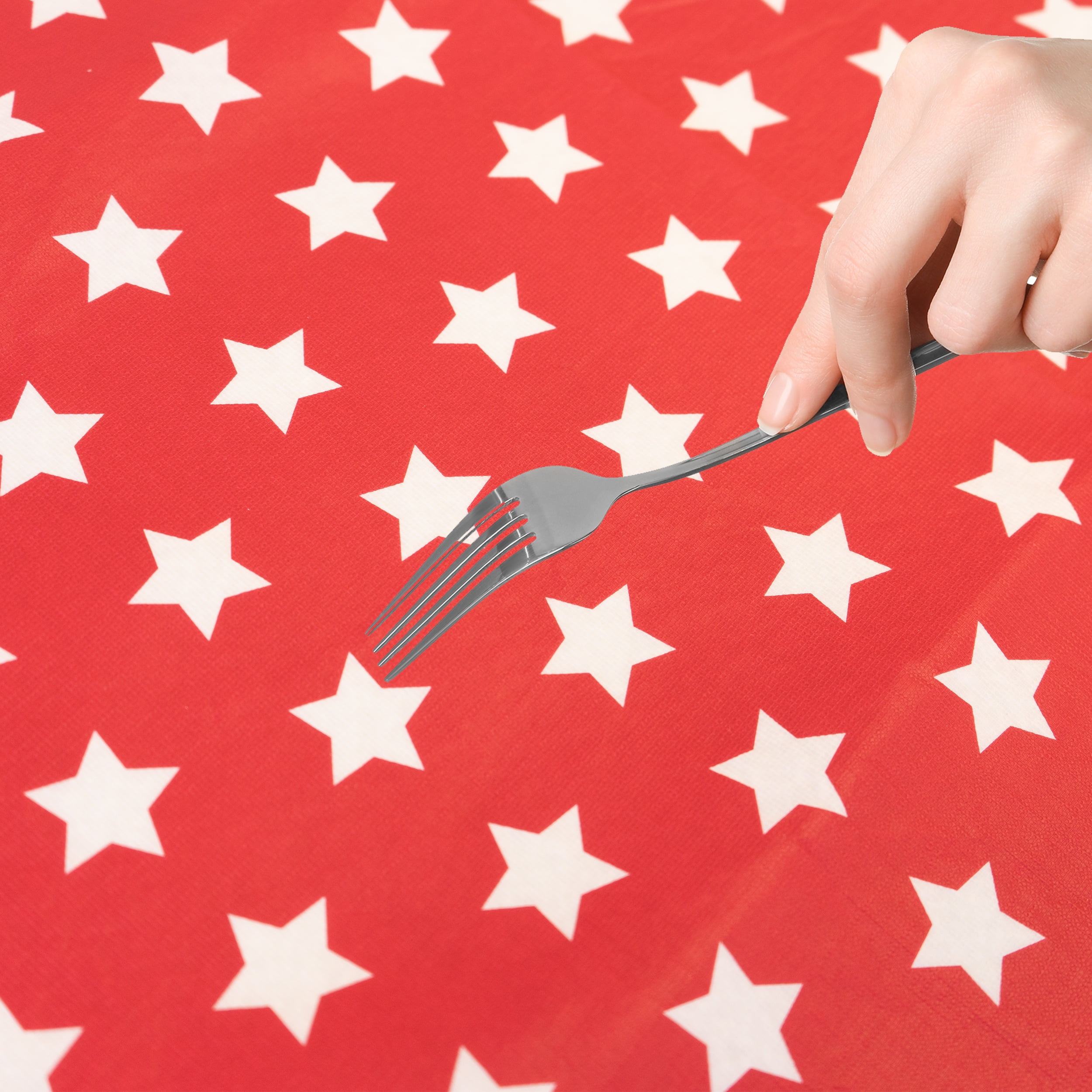 Waverly Inspirations Rectangular Elastic Fitted Table Cover Waterproof Vinyl Tablecloth With Flannel Backing, 6Ft Table, 72" x 30", White Stars With Red Base, 1 PK