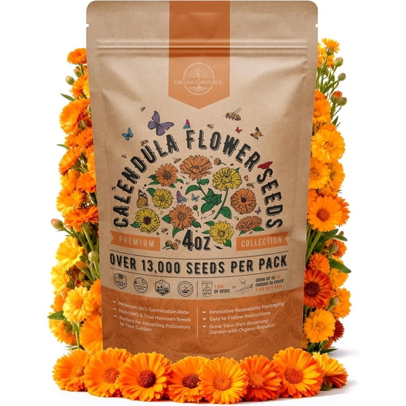 Organo Republic Calendula Seeds Pack 4 oz, 13,000  Non-GMO Heirloom Calendula Flower Seeds for Planting, Outdoor & Indoor Garden Flowers, Bulk Seed Packet