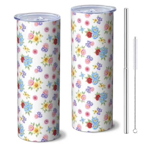 Pioneer Flower Floral Print Pattern 20oz Skinny Tumbler with Straw & Lid, Double Wall Vacuum Insulated Cup, Leak-Proof, Cup Holder Friendly, Hot 6H Cold 12H
