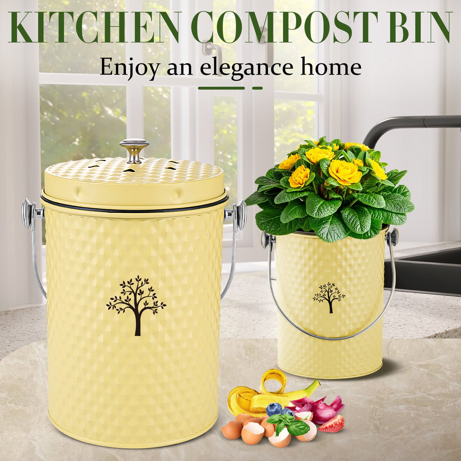 Countertop Compost Bin Kitchen,Odor Resistant Indoor Compost Bin with Lid and Compost Bags,Compost Bucket Composter Container for Food Waste,Yellow