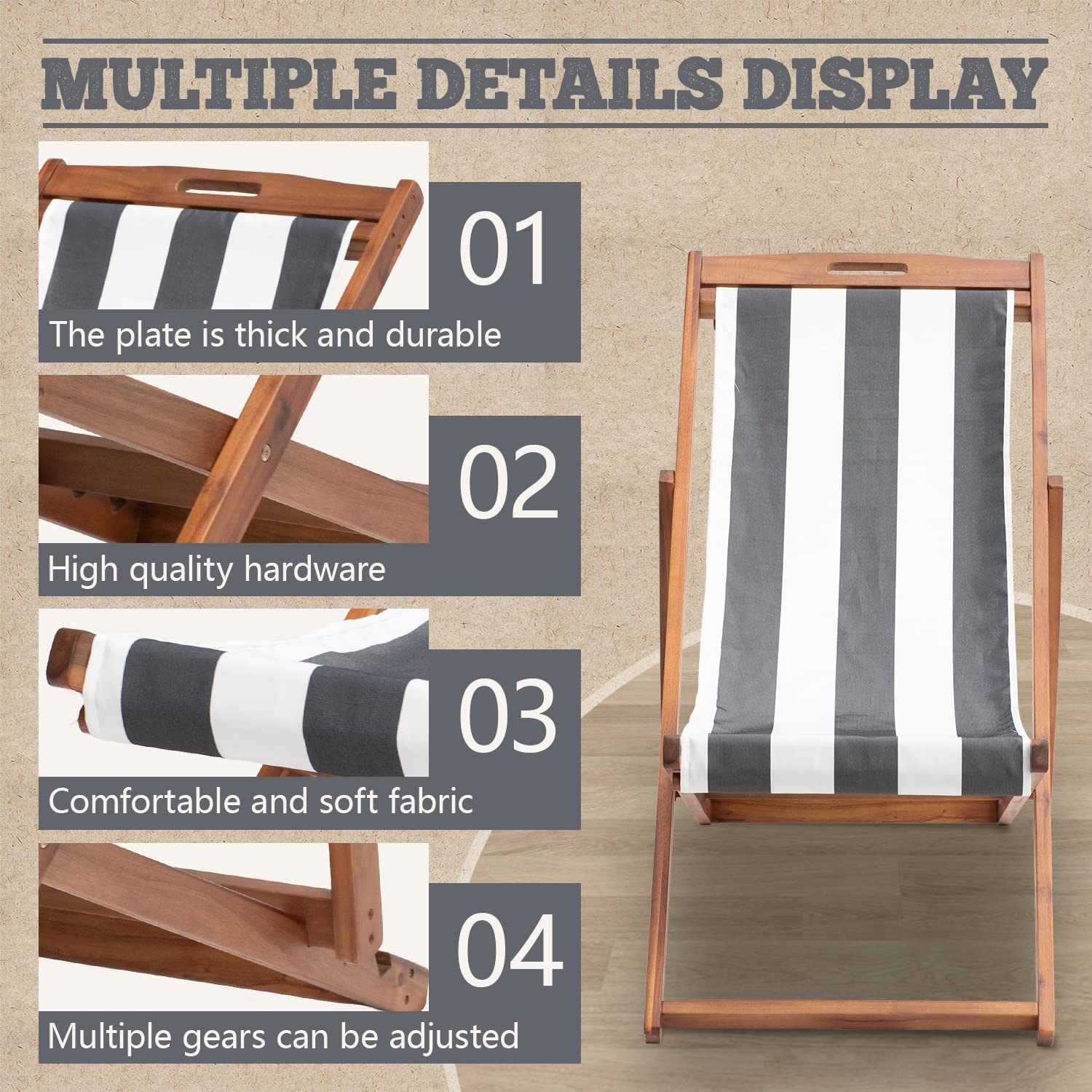 Beach Sling Chair Set, Folding Adjustable Frame Patio Lounge Chair Set of 2 Outdoor Solid Wood Frame Portable Reclining Beach Chair with White Polyester Canvas 3 Level for Beach Swimming Pool - image 5 of 7