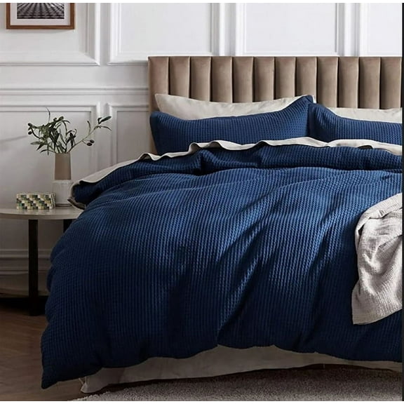 Pavish Export Waffle Cotton Duvet Cover In Navy Blue 100% Cotton Waffle Weave Bedding Set with 2 Pillow Shams Comforter and Quilt Cover Twin