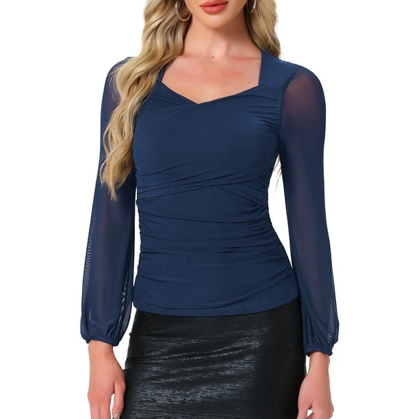 Blusa de Malla Fruncida INSPIRE CHIC para Mujer, Top Casual Elegante de Manga Larga con Escote en V, Ajuste Slim, Talla XS, Azul Marino