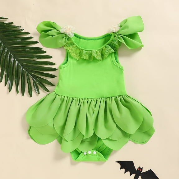 ZEHJUHAN Baby Newborn Solid Color Halloween Elf Bodysuit Sleeveless Lace Floral Bubble Romper Green,1-3M