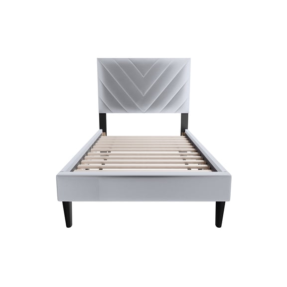 XIZE Twin Size Velvet Upholstered Bed with Modern V-Stitching Tufted Design, Gray