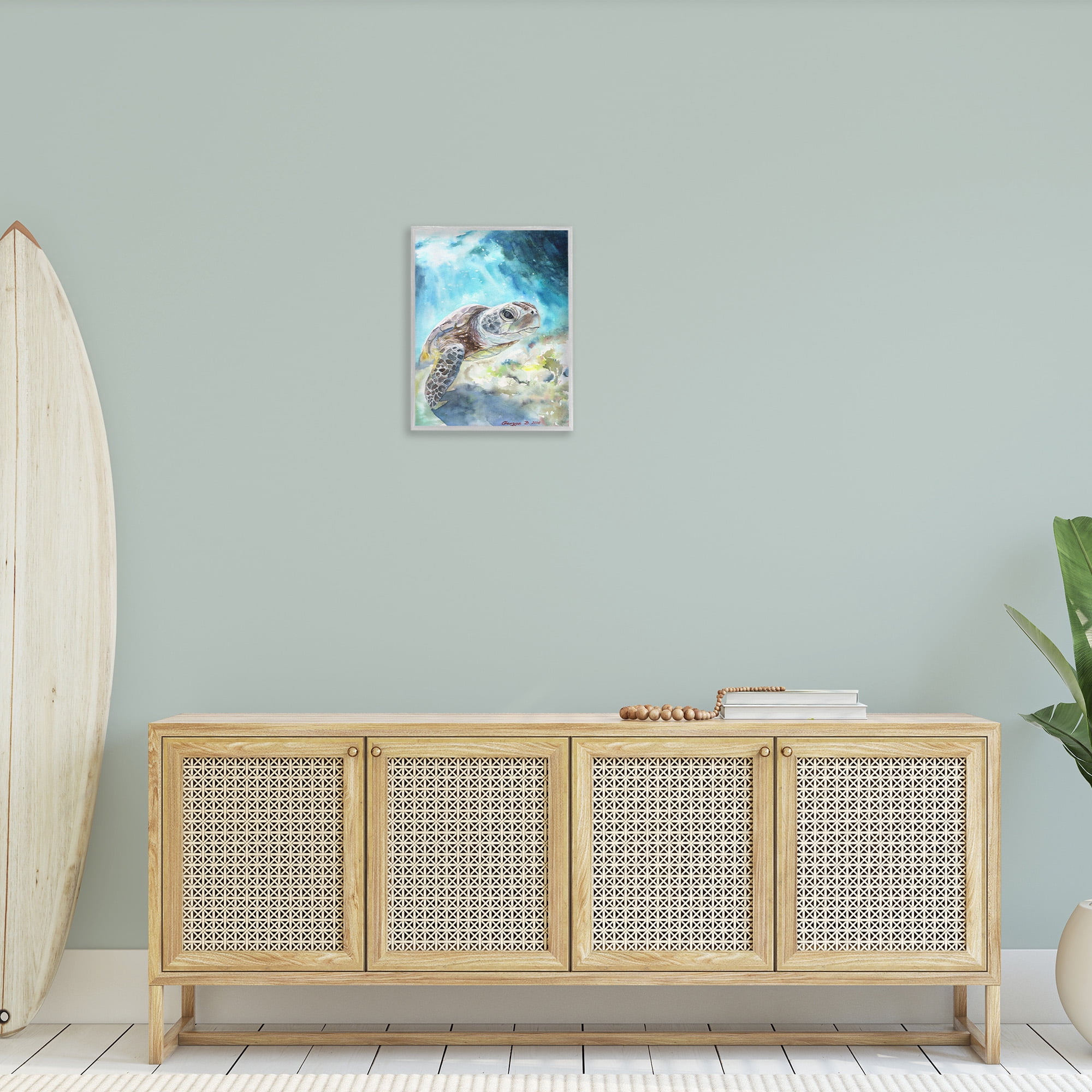 Stupell Industries Sea Turtle Ocean Watercolor Animals & Insects Painting Gray Framed Art Print Wall Art, 16 x 20