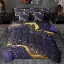 Homewish Modern Fluid Art 7pcs Bedding Comforter Set,Marble Print Queen Bedding Sets,Black Purple Gold Queen Sheet Sets For Teens,Microfiber Bedroom Decor Reversible