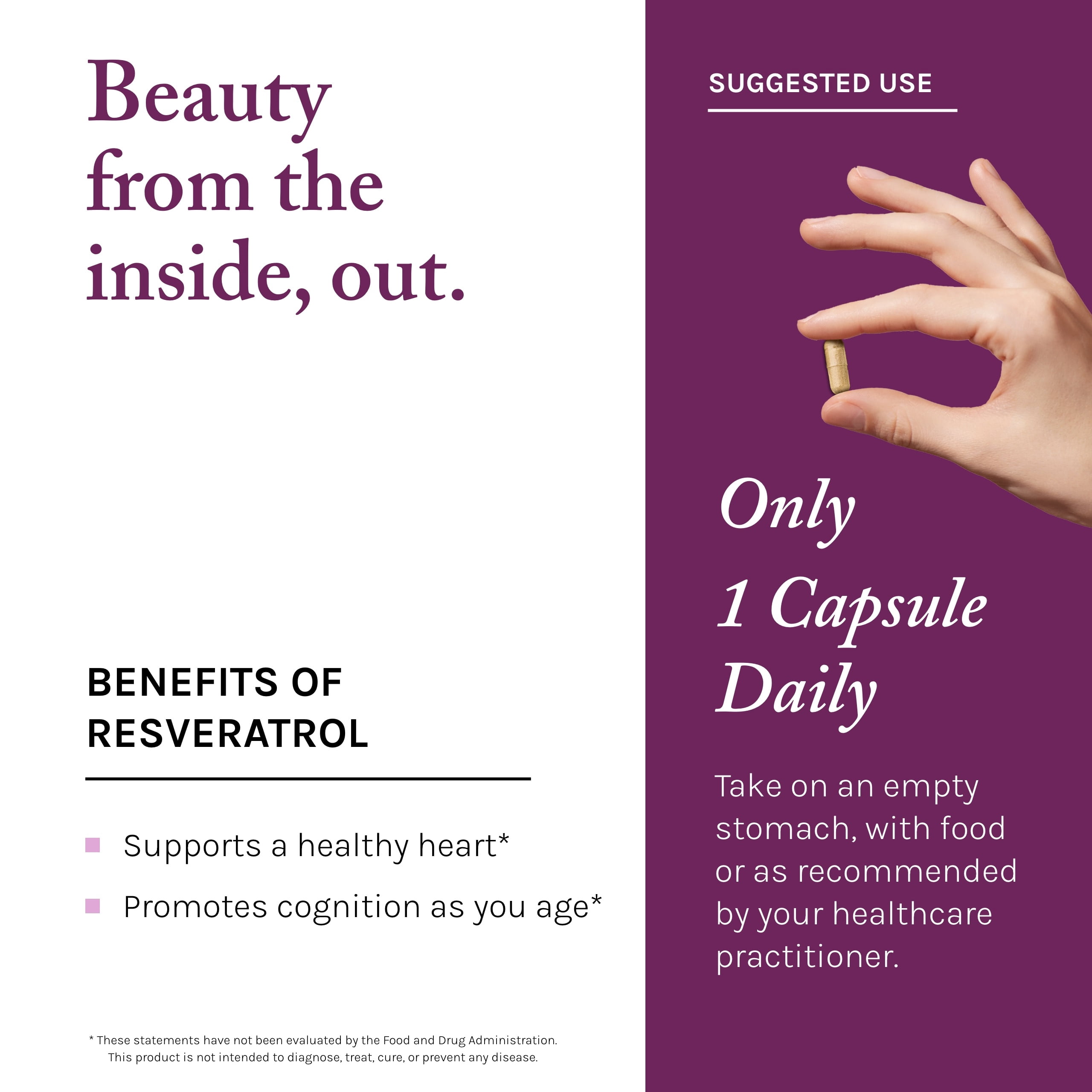 Reserveage Beauty, Resveratrol 100 mg, Antioxidant Supplement for Heart and Cellular Health, Supports Healthy Aging and Immune System, Paleo, Keto, 60 Capsules (60 Servings)