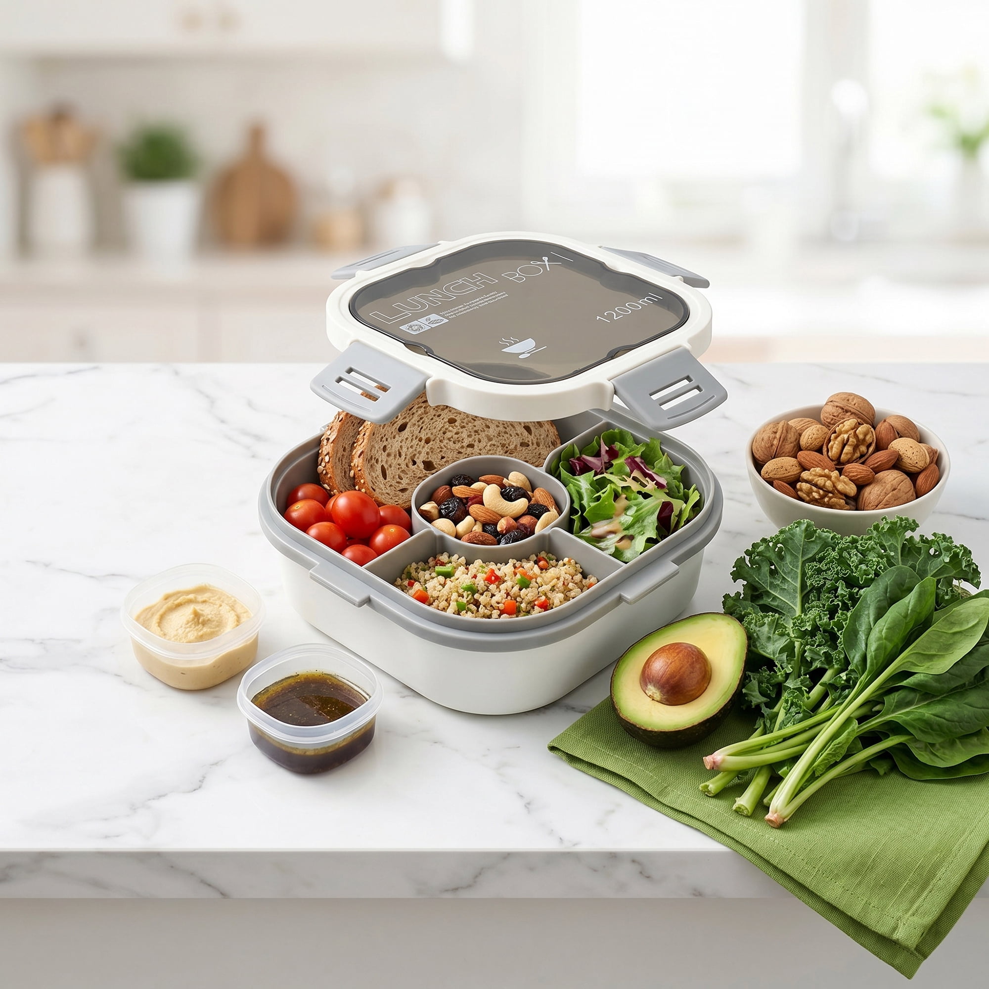 Unique Bargains 1200ml Leak-Proof Meal Prep Lunch Bento Box White-1