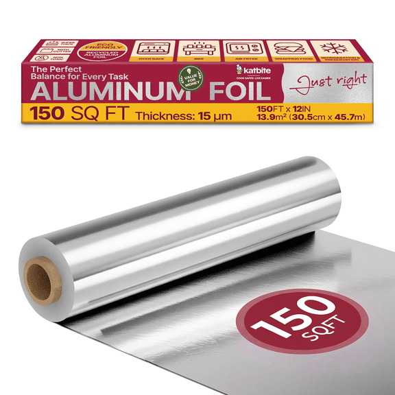 Katbite Aluminum Foil Roll, 12 in x 150 sq ft, Food Safe Aluminum Foil Wrap with Easy Cutter for Cooking, Baking, BBQ, Air Fryer, Food Storage, Freezing and Meal Prep