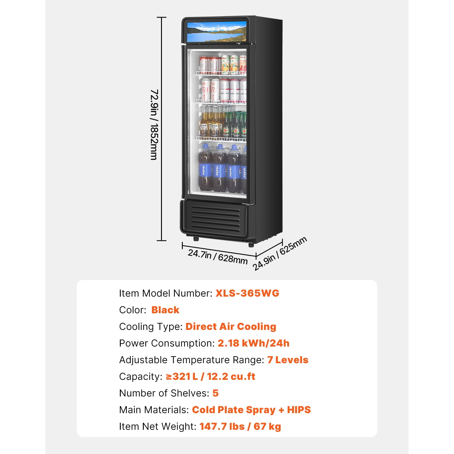 KFFKFF Commercial Merchandiser Refrigerator Single Glass Door 12.2 Cu ft , Display Beverage Cooler Merchandiser Customizable Lightbox