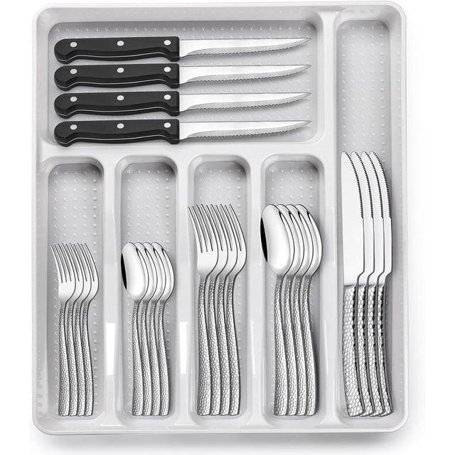 Juego de cubiertos martillados de 49 piezas con organizador, cubiertos de acero inoxidable de alta resistencia para 8, juegos de cubiertos con cuchillos para carne, a prueba de óxido, pulido espejo,