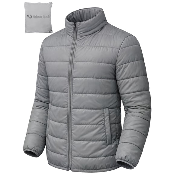 URBAN BUCK Packable Mens Puffer Jacket Lightweight Winter Down Kian Gray Men Hiking Coat-S