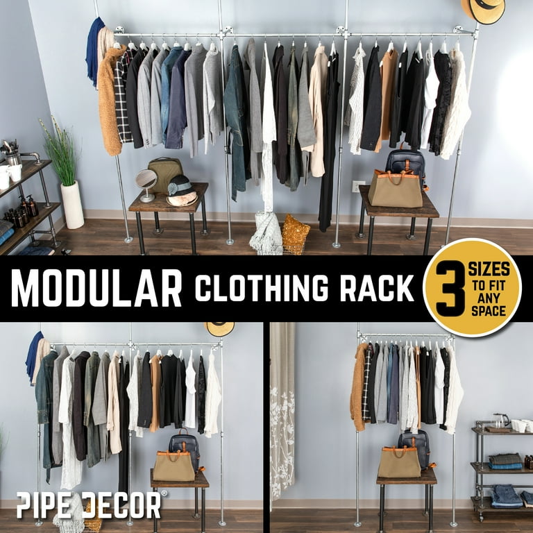 PIPE DECOR 115 Galvanized Steel Wall and Floor Mounted Modular Pipe Clothing Rack Kit DIY Industrial Open Wardrobe for Home or Retail Spaces