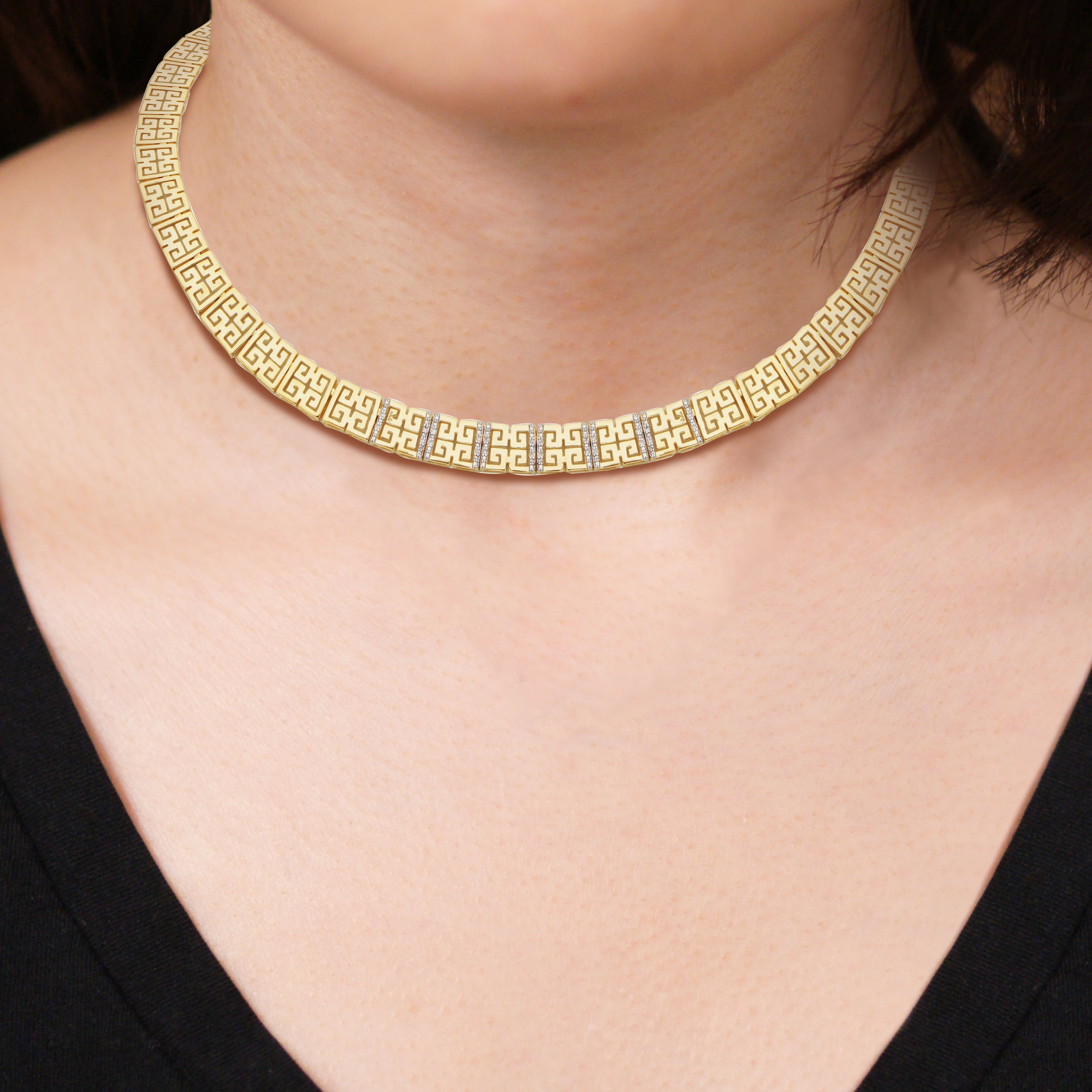 Forever Facets 1/10 cttw Diamond Greek Key Necklace in 18k Yellow Gold over Sterling Silver, Adult Female