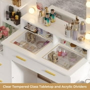 Afuhokles Glass Top Vanity Desk with Mirror and Lights, Makeup Vanity with Lights, Charging Station, 8 Drawers, Acrylic Dividers and Shelves, White