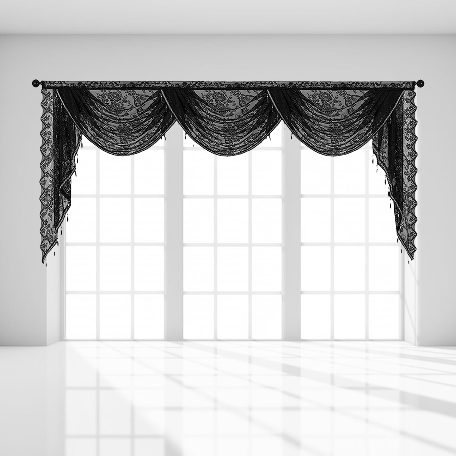 Yesbay Black Beaded Lace Waterfall Valance Lightweight Breathable Easy Installation Luxurious Small Window Semi Sheer Swag Waterfall Valance