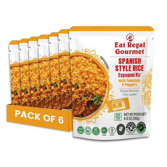 Eat Regal Spanish Rice with Tomatoes & Peppers, 8g Protein & 6g Fiber per Pouch, Microwave in 1.5 Minutes, 8.8oz, Pack of 6