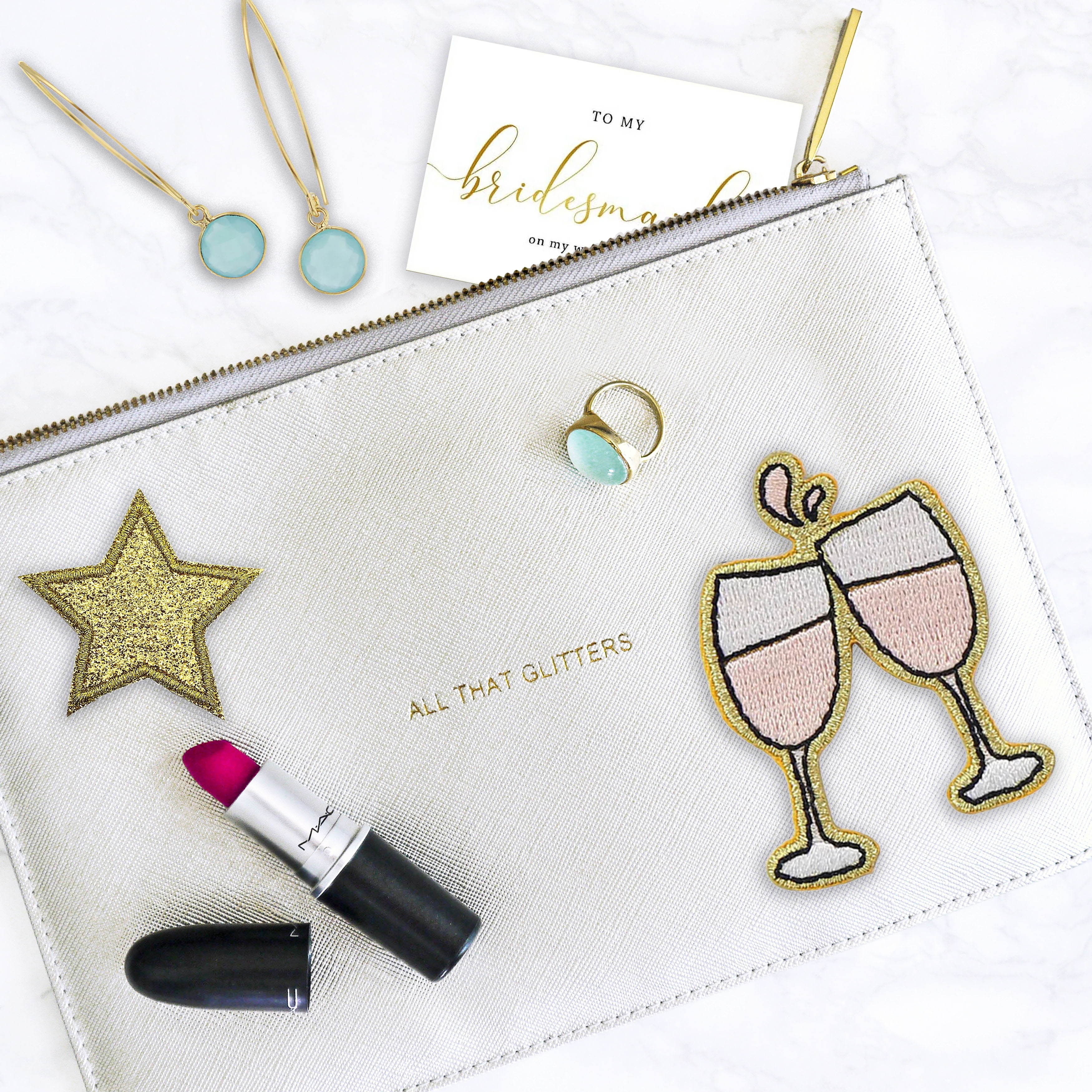 (2 pack) Gwen Studios Embroidered Pink Champagne Toast Iron-on Patch Applique, 1.6" x 2.4"