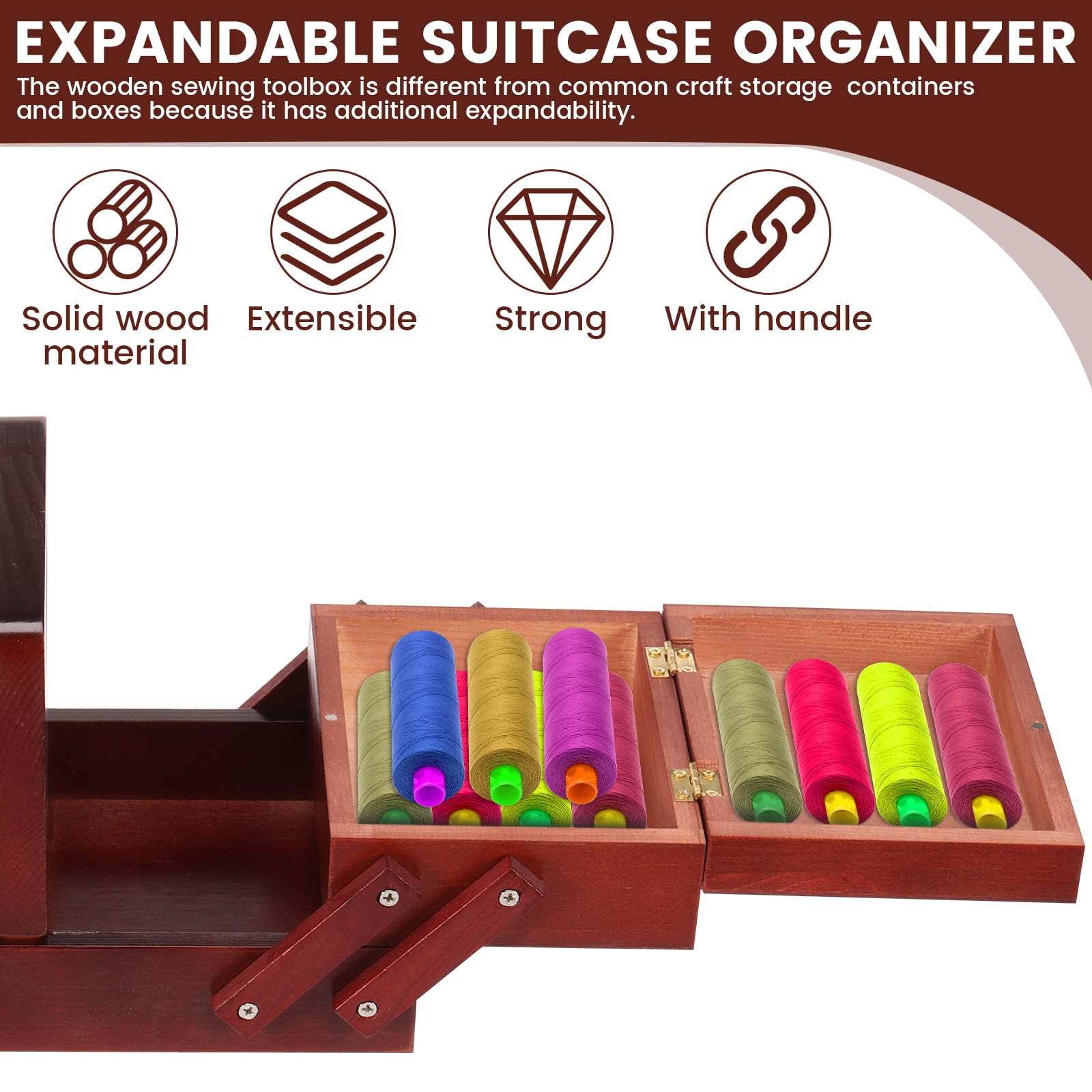 Threns Wood Sewing Basket with Handle Expandable Sewing Box Without Contents Multifunctional Craft Box for Home Travel and Emergency