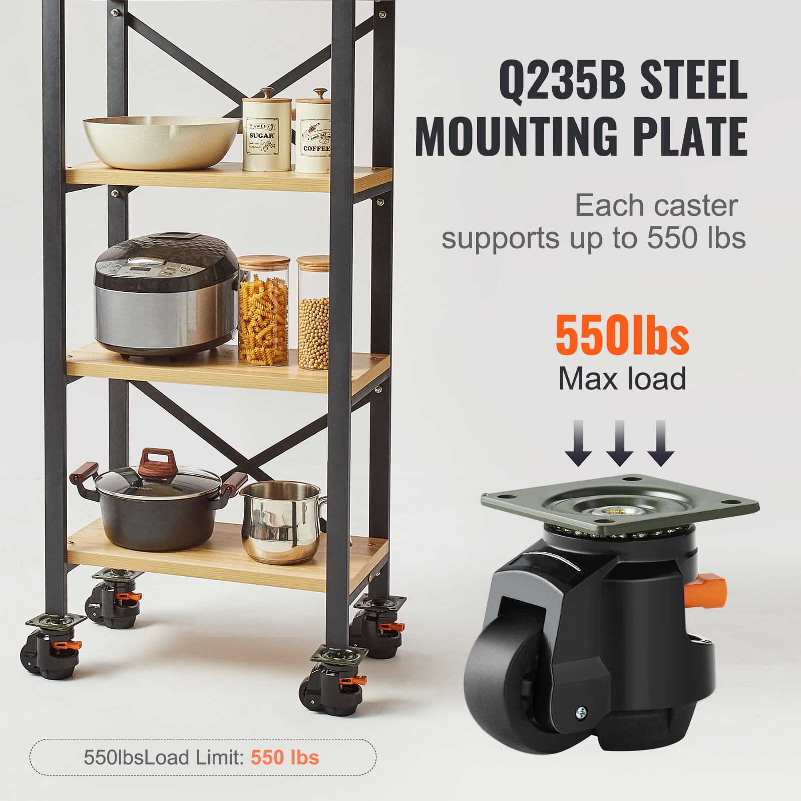 VEVOR Leveling Casters, Set of 4, 2200 lbs Total Load Capacity, 2.5 inches, Heavy Duty with Upgraded Handle Design, 360 Degree Swivel Caster Wheels, Adjustable Casters with Feet for Workbench
