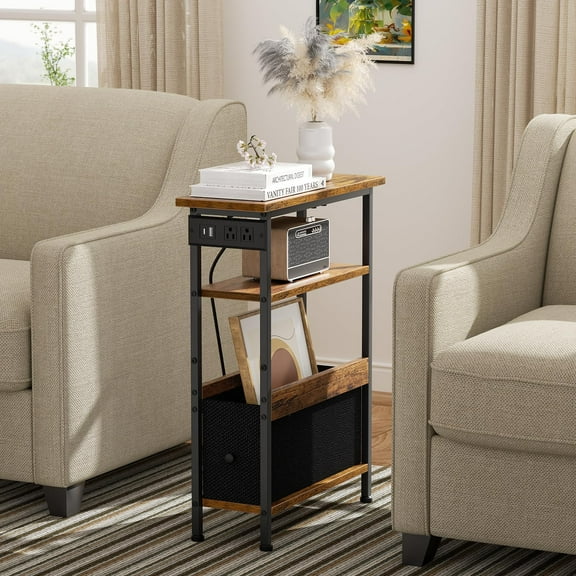 Narrow Side Table with Charging Station and LED Light, Slim Bedside Table for Bedroom, Rustic Brown