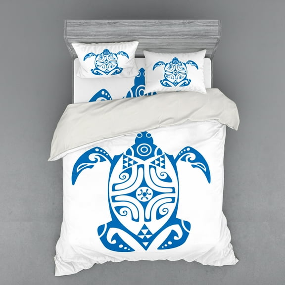 Ambesonne Turtle Bedding Set 4 Pcs, Hawaii Underwater Design, Queen, Cobalt Blue and White
