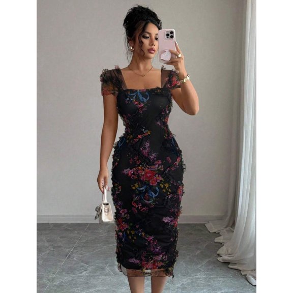 Black Womens Elegant Floral Mesh Ruffle Waist Midi Dress For Wedding Party Date Spring Summer