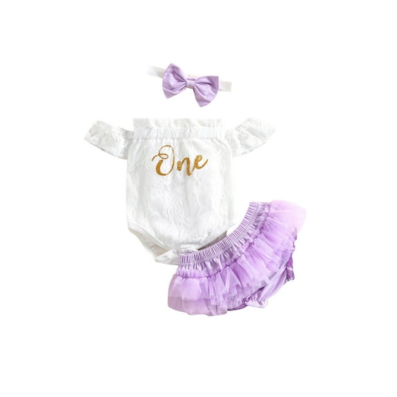 Seyurigaoka 3 Pcs Baby Girl Lovely Outfits, Off Shoulder Short Sleeve Floral Lace Romper + Ruffle Elastic Waist Shorts + Matching Bow Headband