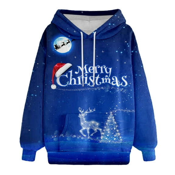 Womens Christmas Casual Hoodie Pullover Sweatshirt With Front Pocket Clothes Blue 2XL