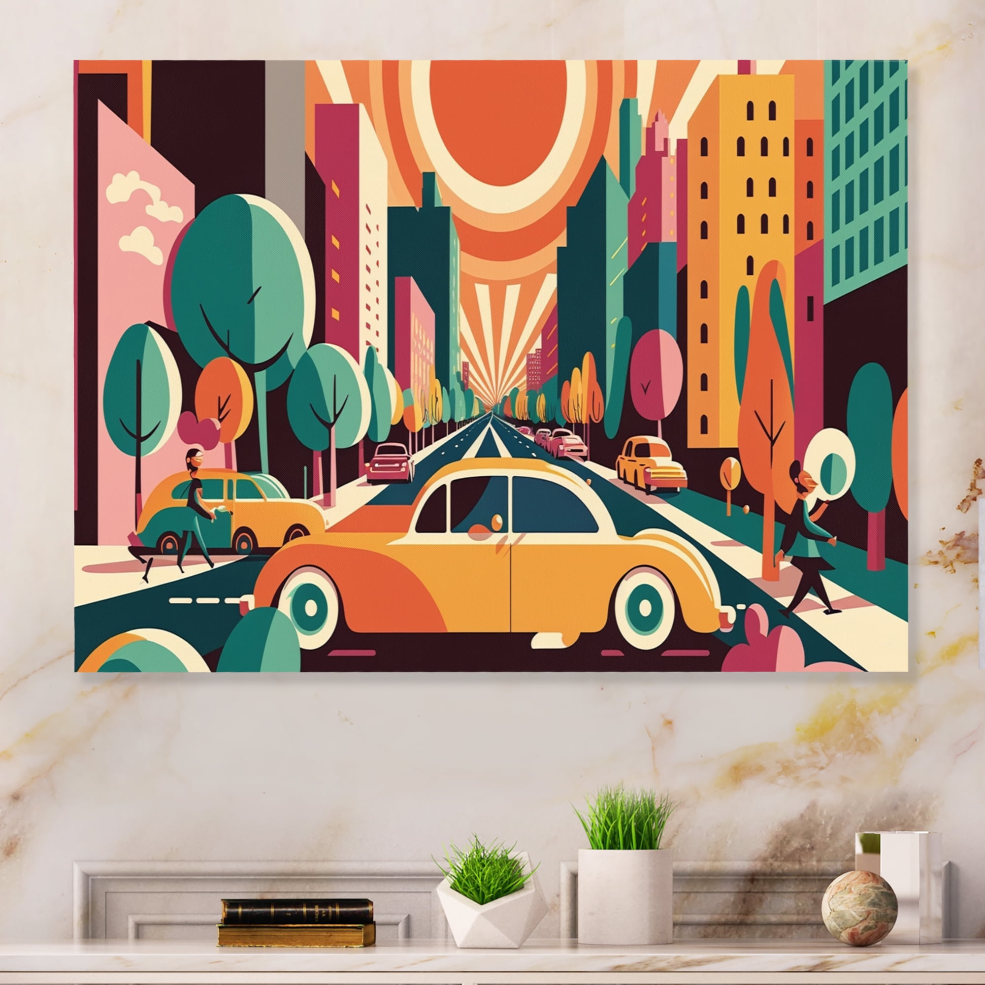 Designart Colorful Cityscape Cars I Canvas Wall Art