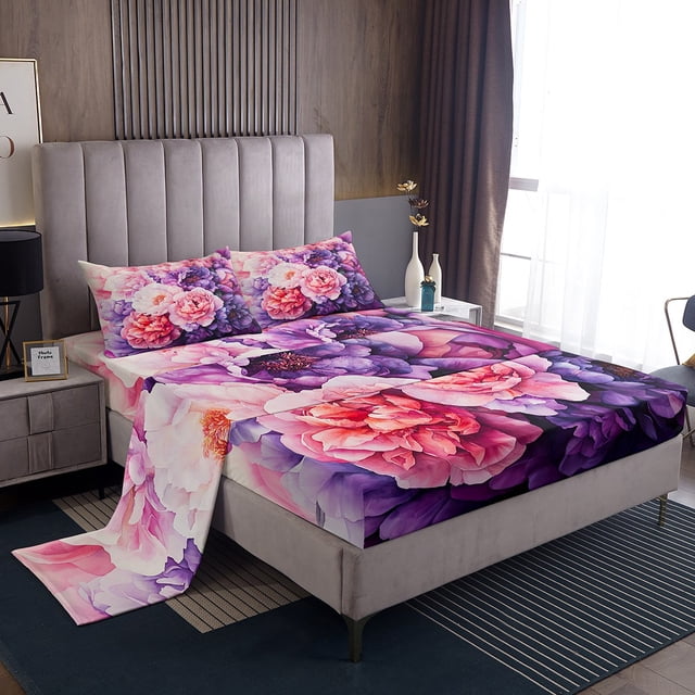 Erosebridal Romantic Flower Sheet Set Full, Floral Print Bedding Sets Full Size, Spring Floral Decor 4pcs