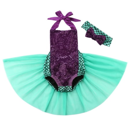 

Puloru Newborn Baby Sequin Mermaid Romper Scales Print Bodysuit Tulle Jumpsuit