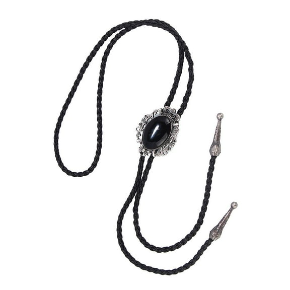 Western Cowboy Black Oval Stone Bolo Tie Rodeo Necktie With Pu Leather Rope