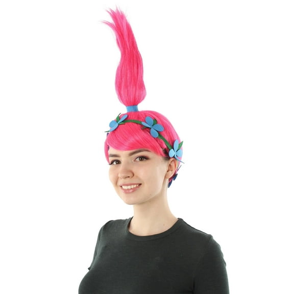 HPO Adult Women's Premium Princess Troll Ponytail Updo Pink Wig with Blue Flower Headband, Synthetic Soft Fiber hair, Perfect for your next Festival and Holiday Party!