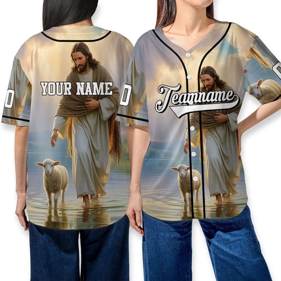Personalized Name & Number Jesus With Lamb Print Button Down Baseball Jersey Shirt For Men & Women