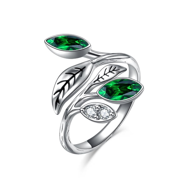 Emerald Green Leaf Ring for Women 925 Sterling Silver Adjustable Leaf Rings Christmas Birthday Gifts