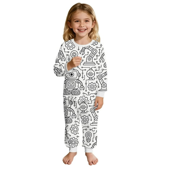 Girls Outfits Sets Christmas Robot Doodle Print Long Sleeve Pajama Two Piece Sleepwear Kids Cozy Nightwear