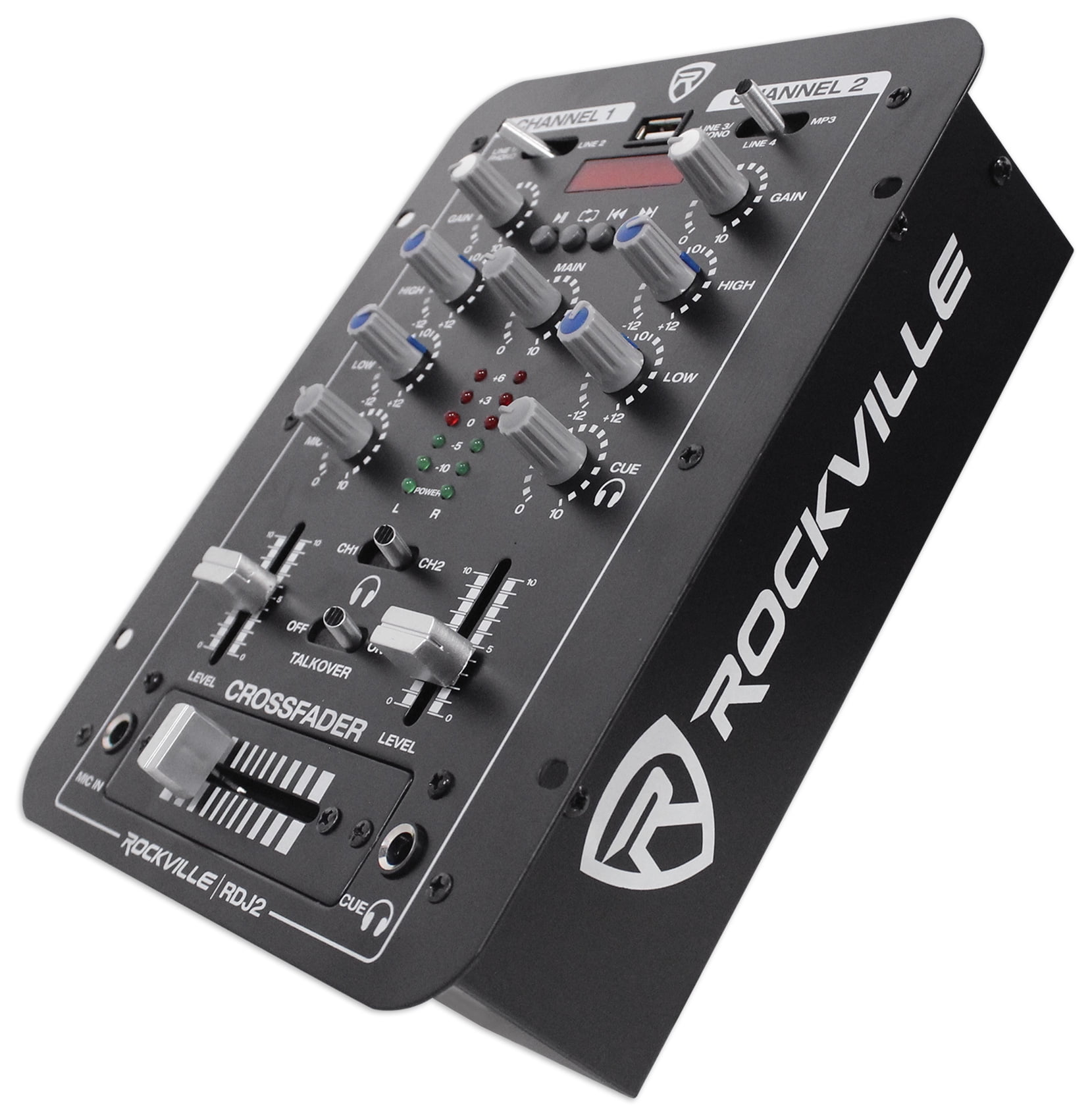 Rockville RDJ2 2 Channel DJ Mixer with USB, Cue Monitor, Talkover, 4 Line Inputs