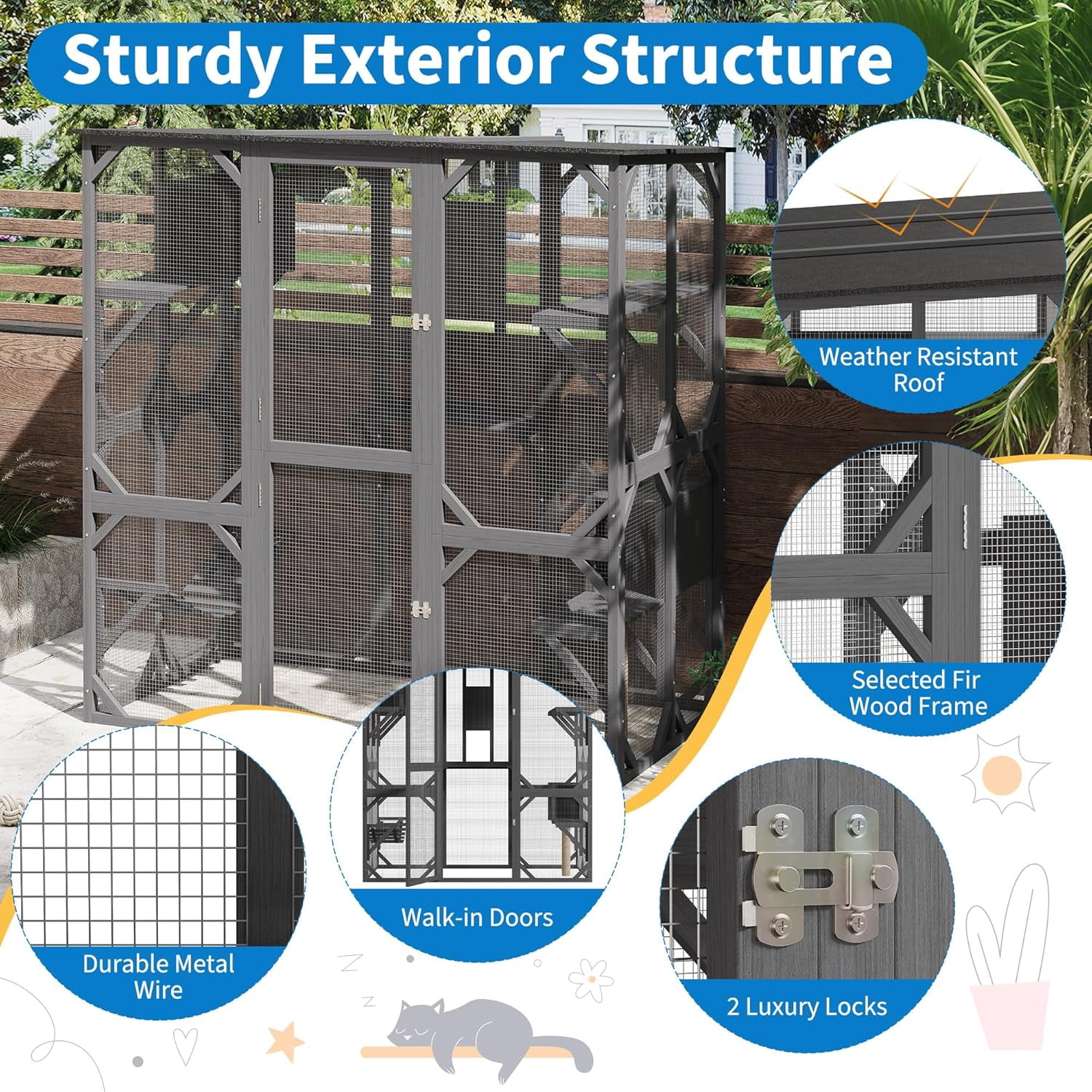 Roromall Large Walk-in Window Catio Outdoor, 70'' Wooden Cat Enclosure for Mulitiple Cats with Waterproof Roof, Feral Cat Shelter with Platforms, Hammock, Scratching Post and Resting Box