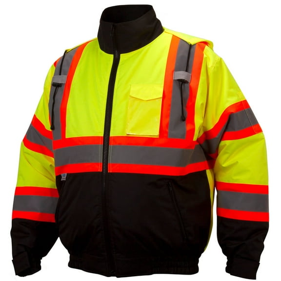 Pyramex RCJ3210 High Visibility Lime Green, Insulated Waterproof Reflective Road Work X Back Bomber Safety Jacket, SIZE: MEDIUM