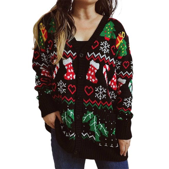 SRZYMJ Womens Christmas Sweater Funny Button Down Cardigan with Pockets