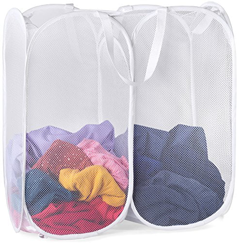 Two Compartments Collapsible for Storage and Easy to Open College Dorm or Travel. White Folding Pop-Up Clothes Hampers are Great for The Kids Room Mesh Popup Laundry Hamper 