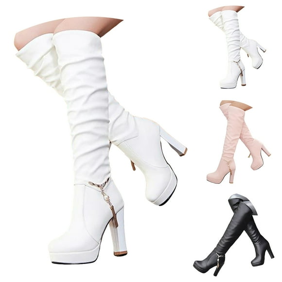 Dakaela Women Over The Knee Thigh High Boots Leather Platform Chunky High Heel Stretch Dress Winter Tall Boot Black Size 6
