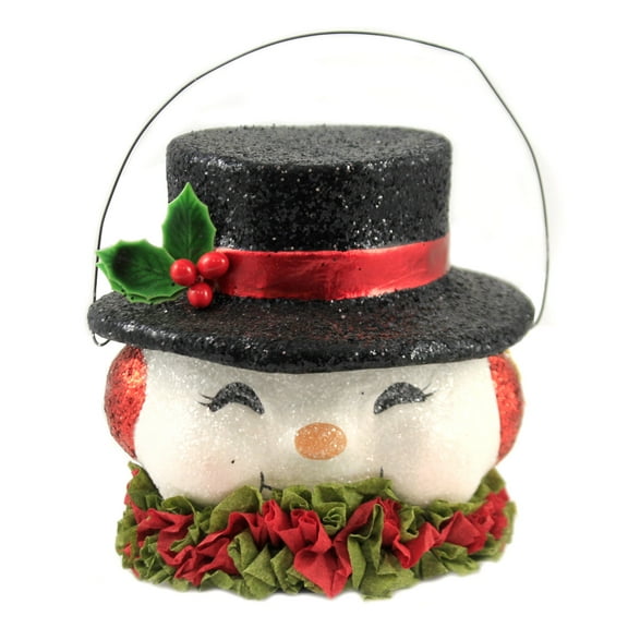 Christmas Happy Retro Snowman Bucket Paper Mache Top Hat Ear Muffs Holly Tl9412