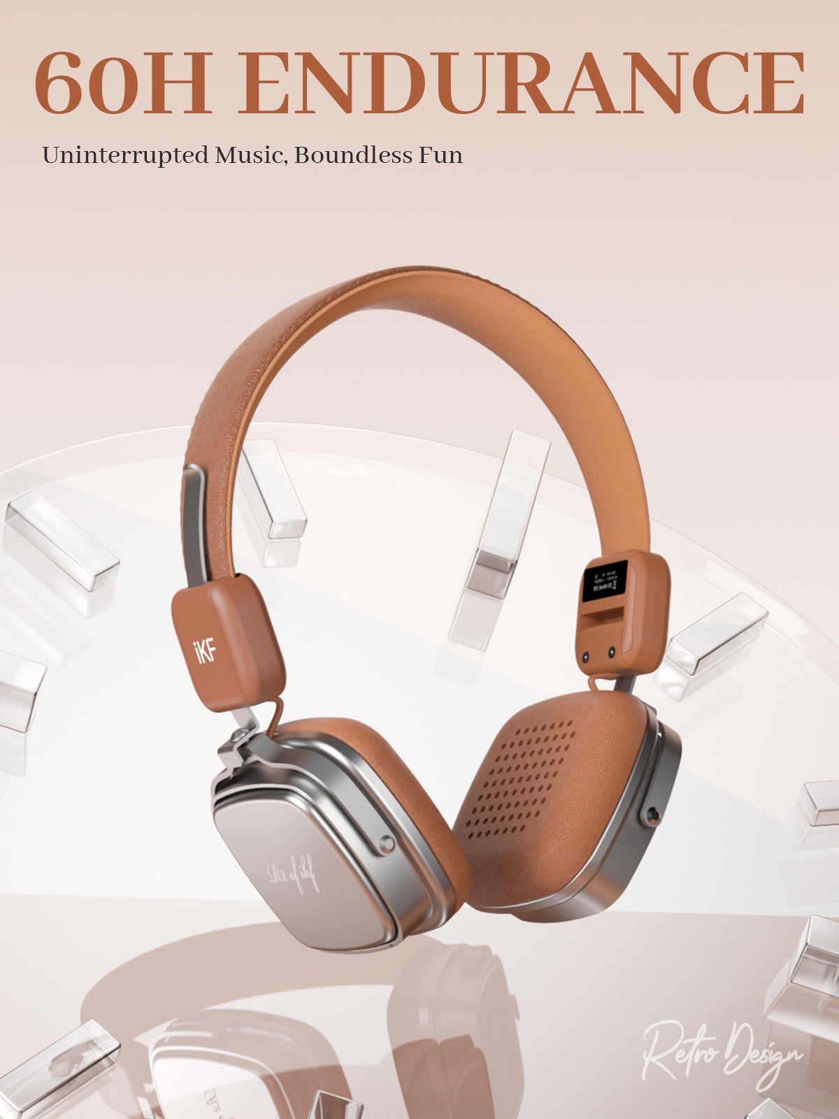 iKF R2 Wireless Headphones Retro Wired Headphones Bluetooth 5.4 Music Controls, 60 Hours Playtime Noise Isolation Fast Charging Throwback 80s 90s Design (Brown)