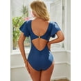 thumbnail image 3 of Attraco One Piece Swimsuits for Women Trumpet Sleeve V Neck Ruched Monokini Bathing Suits, 3 of 6