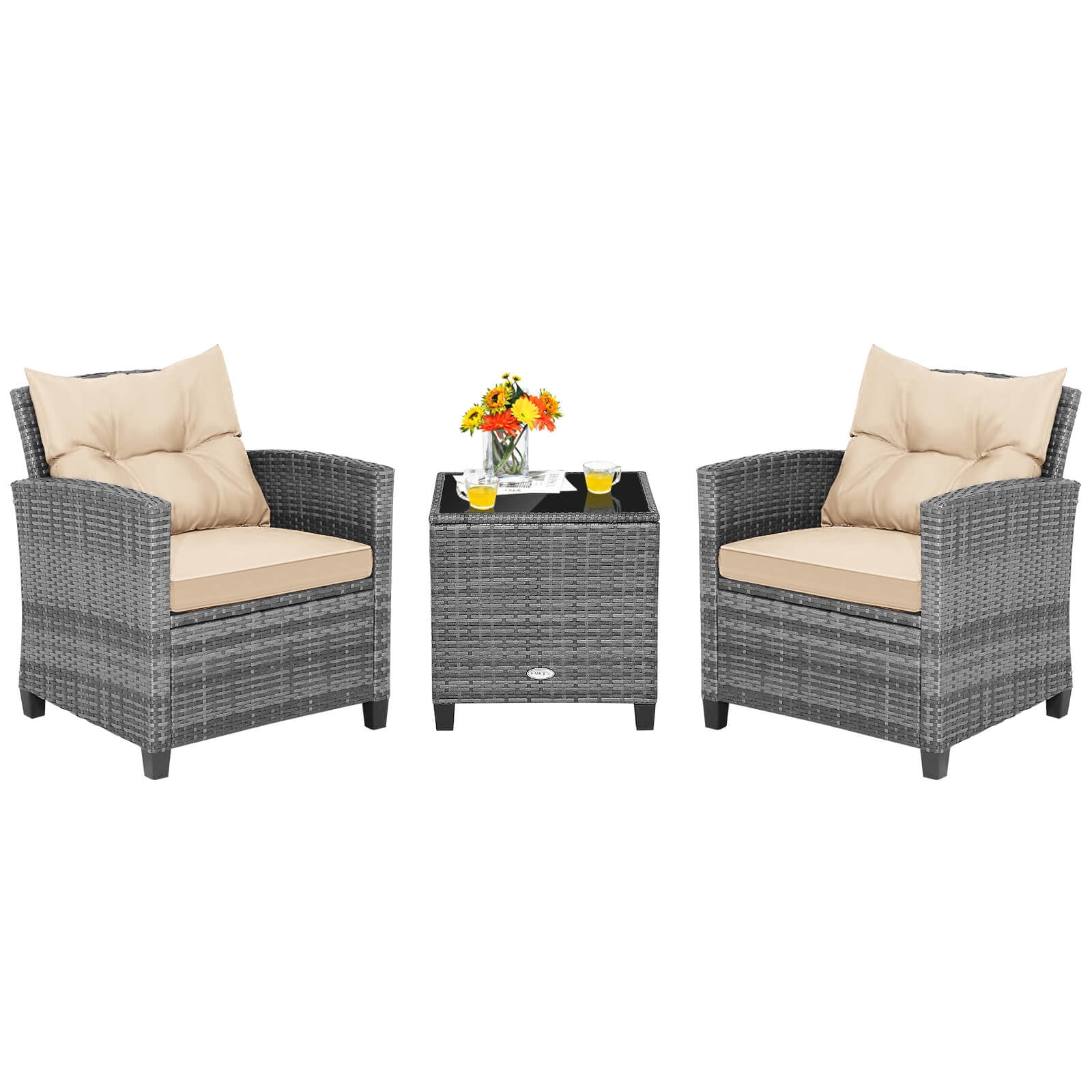 Costway 3PCS Patio Rattan Furniture Bistro Set Cushioned Sofas Side Table Armrest Mix Gray + Brown