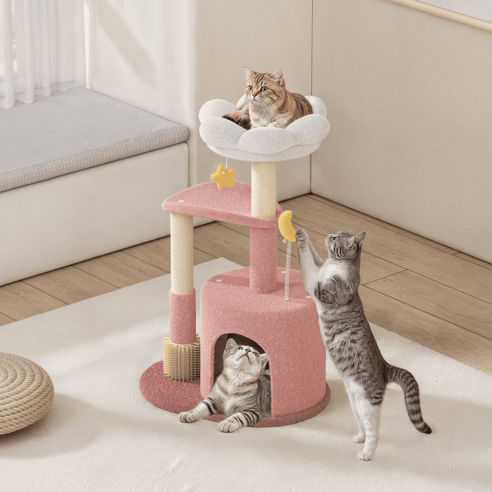 MoNiBloom 33" Flower Cat Tree for Indoor Cats, Compact Cat Tower with Condo, Scratching Posts, Flower Perch & Dangling Toys for Kittens & Small Cats, Cute Cat Furniture Stand, Pink